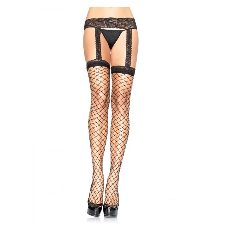 Leg Avenue - Bas Résille Avec Jarratière En Dentelle Noire